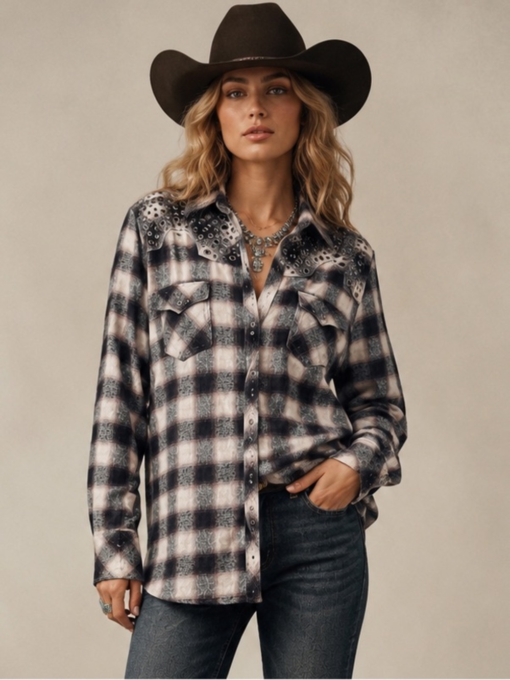 Stetson Plaid Studded Grommet Western Button Up